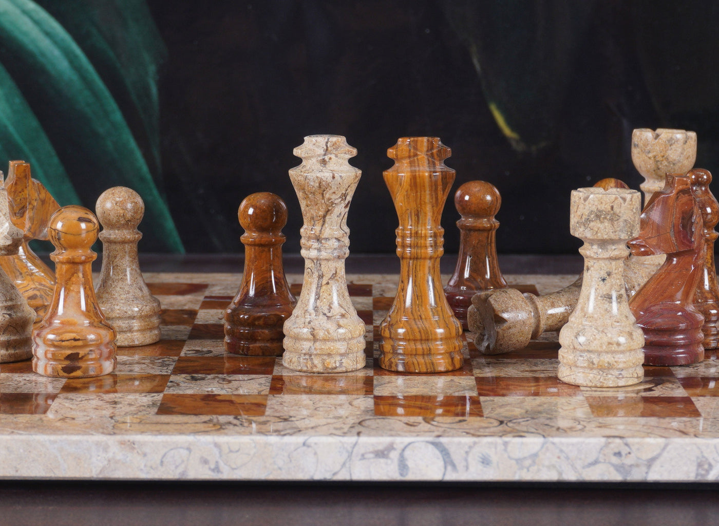 Marble Coral and Brown Chess Set